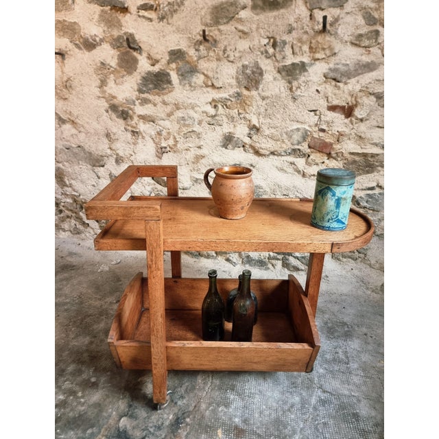 Mid-Century Modern Vintage Oak Bar Trolley, France, 1950s For Sale - Image 3 of 12