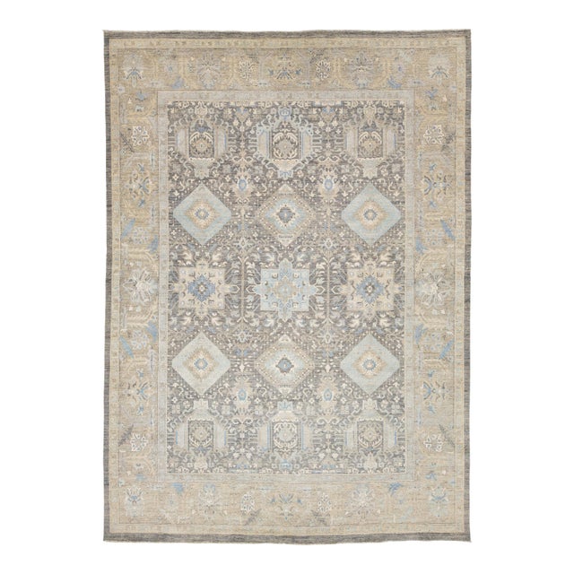 Modern Tabriz Style Wool & Silk Area Rug – Slate Grey & Sky Blue Geometric 10x14 For Sale