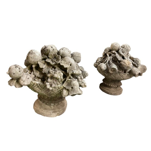 Pair of Vintage Cast Stone Fruit Basket Garden Finials For Sale - Image 4 of 12