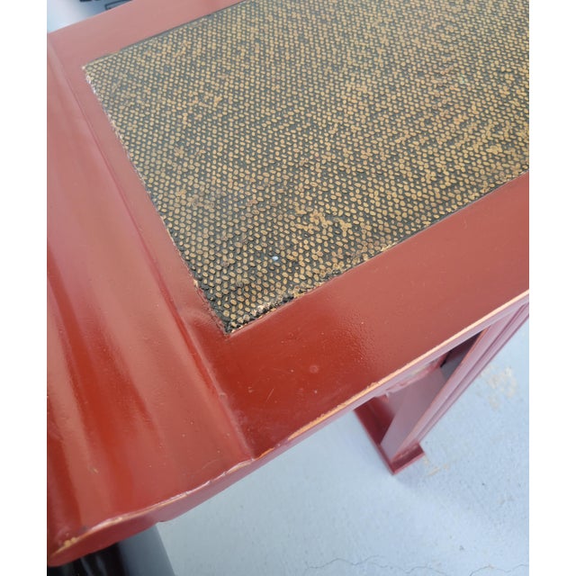 Vintage Chinoiserie Regency Style Red Lacquer Altar Console Table With Gold Leaf Cutput Accents For Sale - Image 11 of 11
