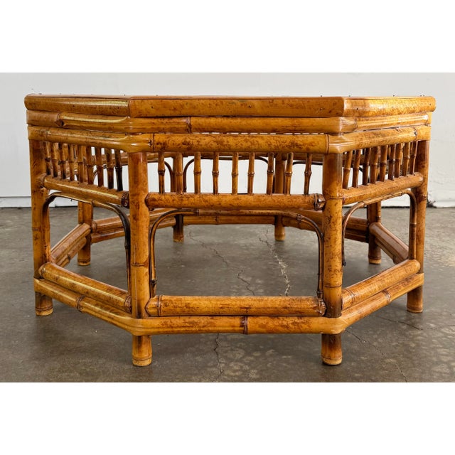 Chinoiserie Vintage Glass Top Scorched Bamboo Coffee Table For Sale - Image 3 of 6