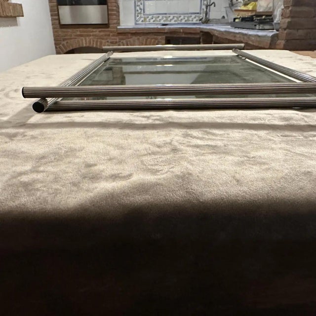 Metal 1970s Modern Silver Plated and Grey Glass Italian Serving Tray For Sale - Image 7 of 9