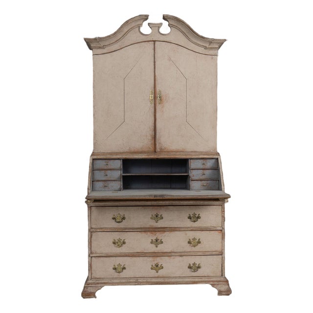 18th C. Swedish Gustavian Period Gray Painted Secretary With Library For Sale