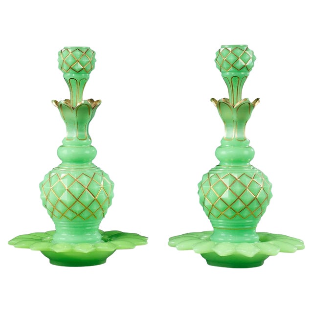 Mid-19th-Century Green Opaline Flasks, Set of 2 For Sale