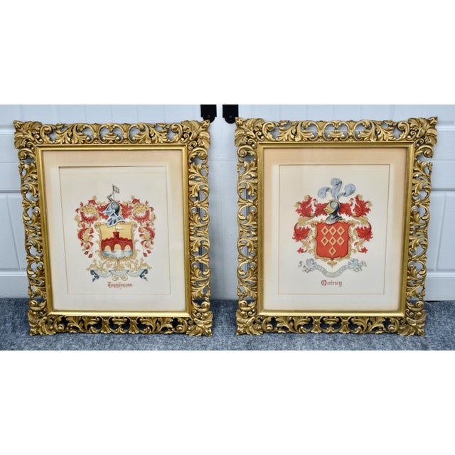 Vintage Pair Framed Prints Coat of Arm Ornate Gold Gilt For Sale - Image 14 of 18