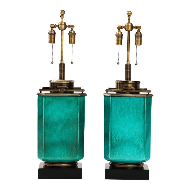 1960's Large Ceramic Lamps With a Jade Crackle Glaze Finish by Stiffel - a Pair For Sale