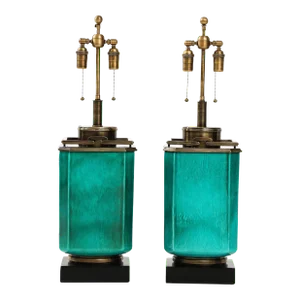 1960's Large Ceramic Lamps With a Jade Crackle Glaze Finish by Stiffel - a Pair