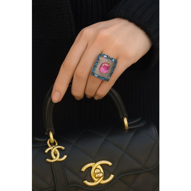 Gemstone Bochic “Capri” Vintage Ruby & Diamond & Blue Topaz Ring Set In 18K Gold & Silver For Sale - Image 7 of 15