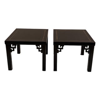 Black Tooled Leather & Gold Embossed End Tables- A Pair For Sale