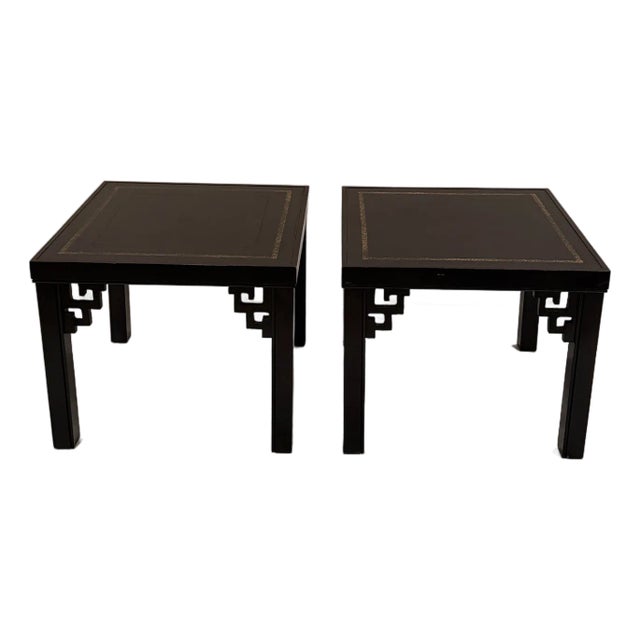 Black Tooled Leather & Gold Embossed End Tables- A Pair For Sale