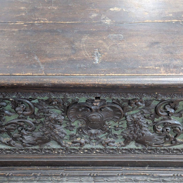 Antique Wooden Trunk With Ornate Carved Details and Hinged Lid For Sale - Image 10 of 10