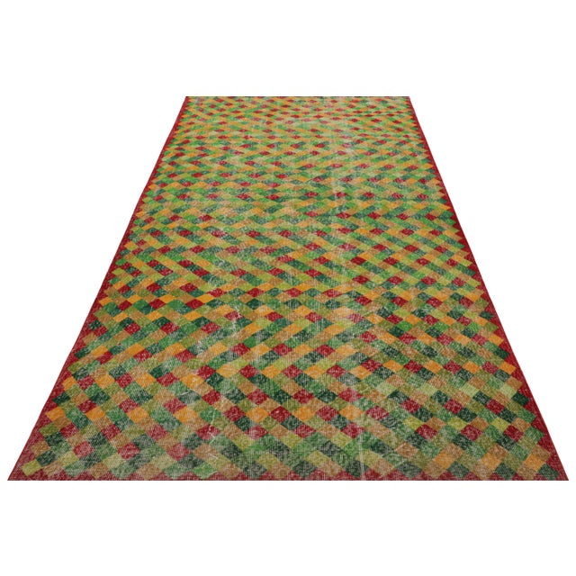 1950s 1960s Vintage Art Deco Rug in Green, Yellow, Red Distressed Geometric Pattern For Sale - Image 5 of 7