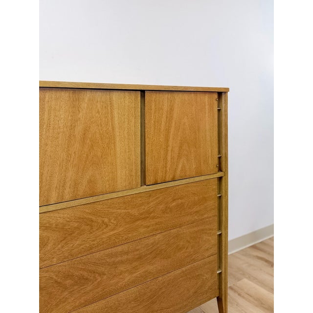 Mid Century Tallboy Dresser MCM Five Drawer Brass Accent Warm Gray Tone Wood For Sale In Tampa - Image 6 of 14