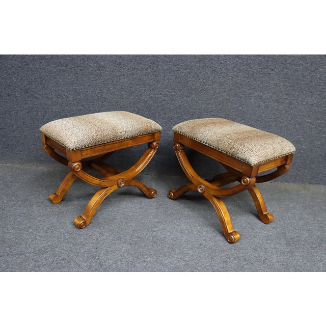 Pair of Neoclassical Style X-Base Upholstered Stools For Sale - Image 9 of 11