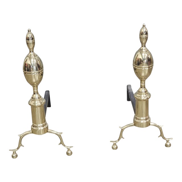 Late 20th Century Virginia Metalcrafters Williamsburg Brass Fireplace Andirons Cw 100-2 W Logholders For Sale
