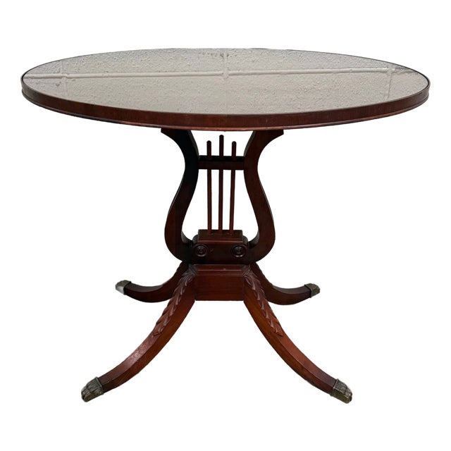 Vintage Duncan Phyfe Style Mahogany Lyre Pedestal Base Accent Table For Sale