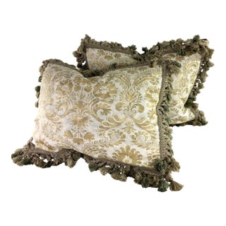 Vintage Hand Crafted Tasseled Fortuny Pillows/Pair For Sale