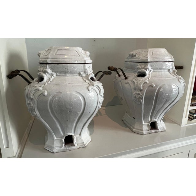 Metal Glazed Terracotta Garden Urns or Jardinieres with Metal and Wood Handles - A Pair For Sale - Image 7 of 13