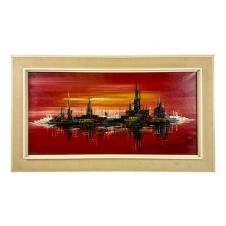 V. Vette, Skyscrapers, Oil on Canvas, 1950s, Framed For Sale