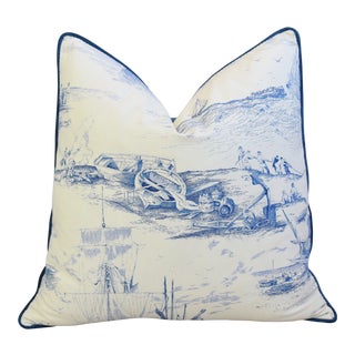 French Blue & White Nautical Feather/Down Pillow 24" Square For Sale