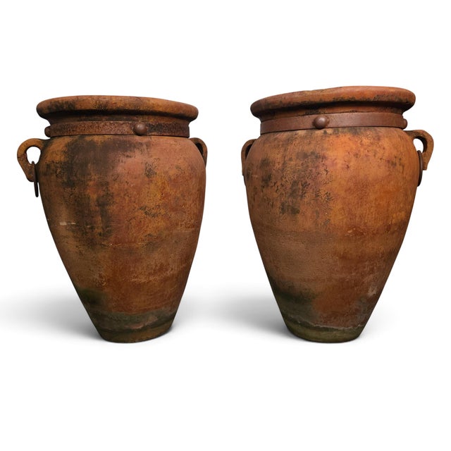 Attributed Monumental 19th-Century Mediterranean Terracotta Amphorae With Rare Forged Iron Armatures – A Pair For Sale In Austin - Image 6 of 10
