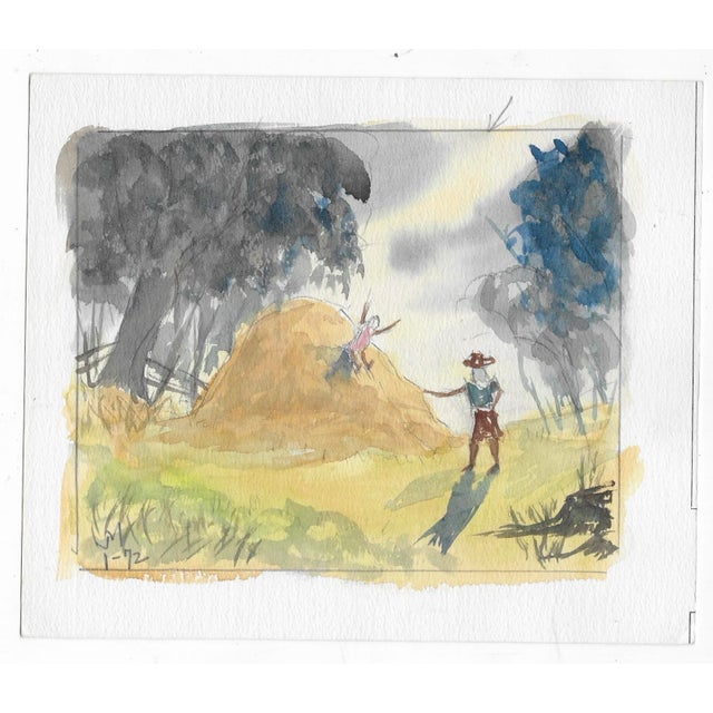 1972 painting of a child sliding down a hay mound. Unsigned, dated 1-72 lower left.