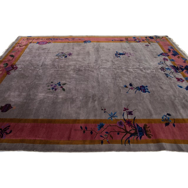 1920s 20th Century Antique Art Deco Handmade Gray Chinese Wool Rug With Floral Design For Sale - Image 5 of 11