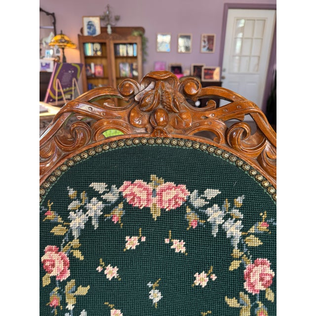 Wood Mid 20th Century Pair of Needlepoint Upholstered Victorian Renaissance Revival Parlor Chairs. For Sale - Image 7 of 8