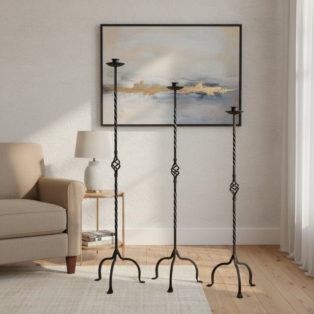 Rustic Hand Forged Iron Candelabra Set of 3 (101-121cm) Antique Copper Finish Heavy Rope Twist Stem with Openwork Cage Detail For Sale - Image 3 of 8