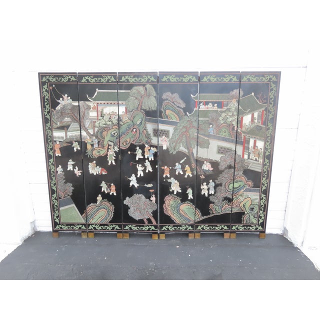 Asian Oriental Tall Six Panel Hand Painted Privacy Screen Room Divider 6439 For Sale - Image 11 of 18