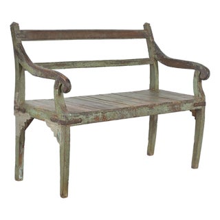 Vintage Indian Painted Teakwood Bench For Sale
