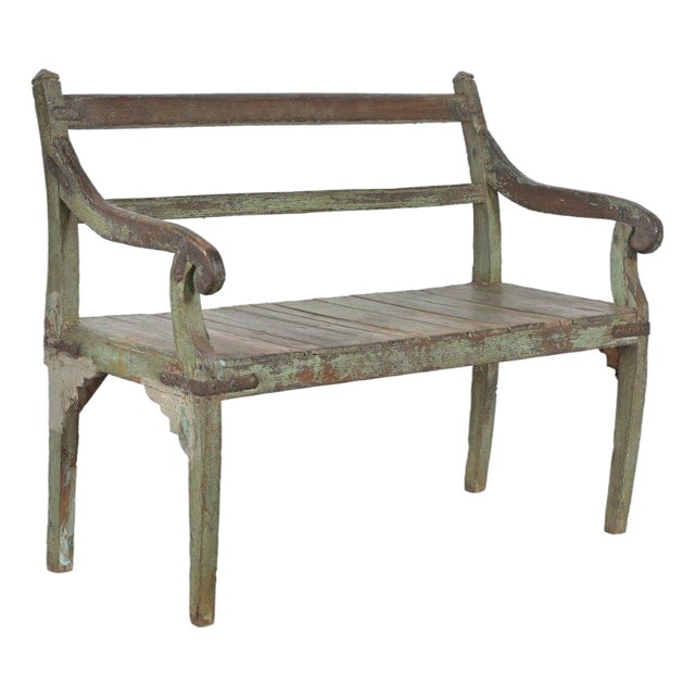 Vintage Indian Painted Teakwood Bench For Sale