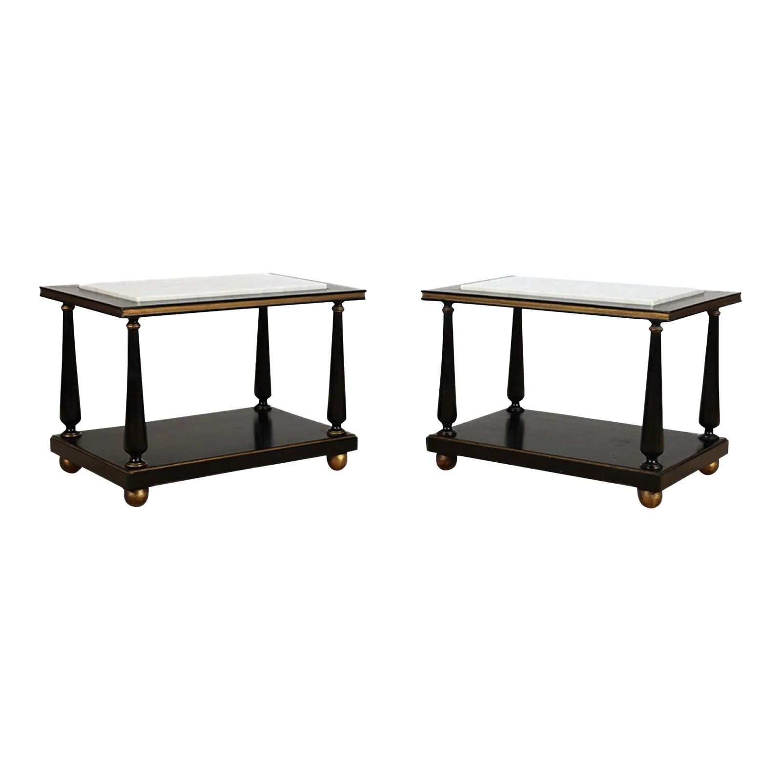 A Pair of Ebonized and Gilt Marble Top End Tables on Ball Feet Circa ...