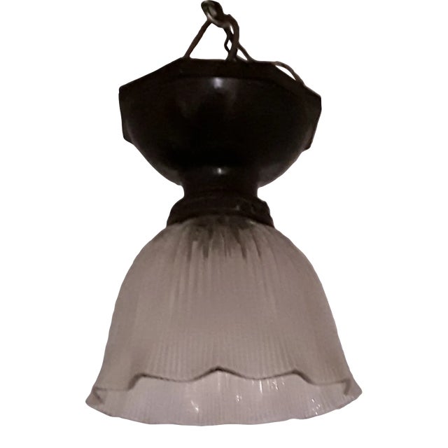 Antique Flat Ceiling Lamp with Ribbed Glass Shade and Brown Bakelite Mount, 1920s For Sale