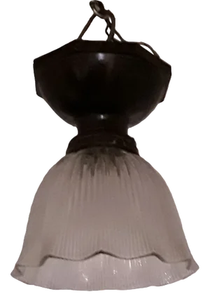 Antique Flat Ceiling Lamp with Ribbed Glass Shade and Brown Bakelite Mount, 1920s