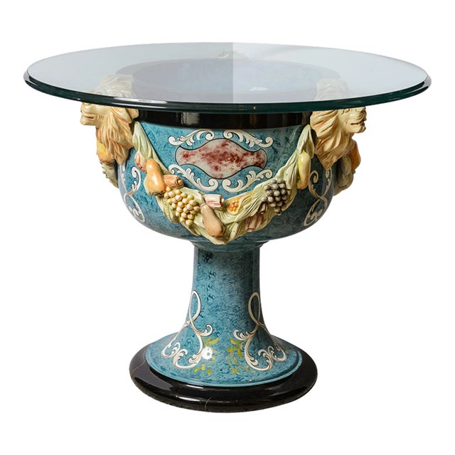 Carved Wood Cup Shaped Table Base With Glass Top For Sale