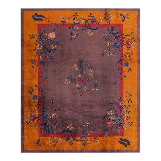 1920s Tan Taupe Floral Modern Antique Chinese Art Deco Rug 8'2" X 9'9" Handknotted Wool Carpet For Sale