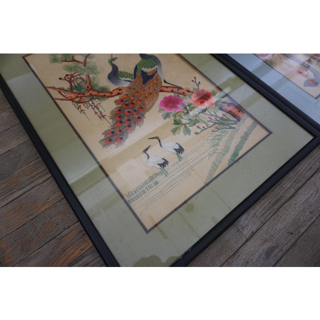 1930s Wonderful Ivory Color With Floral Design Antique Set of Silk Embroidery of Peacock & Phoenix For Sale - Image 5 of 15