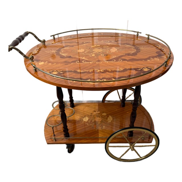 1960s Vintage Bar Cart Inlaid Marquetry Hollywood Regency Italian Tea Italy Folding Leaf For Sale