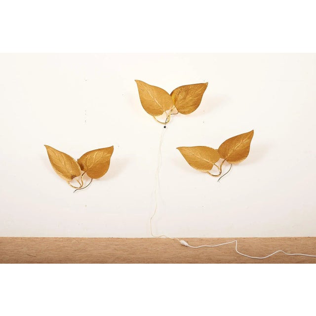 Metal Vintage Italian Double Golden Leaf Sconce from Tommaso Barbi, 1970s For Sale - Image 7 of 14