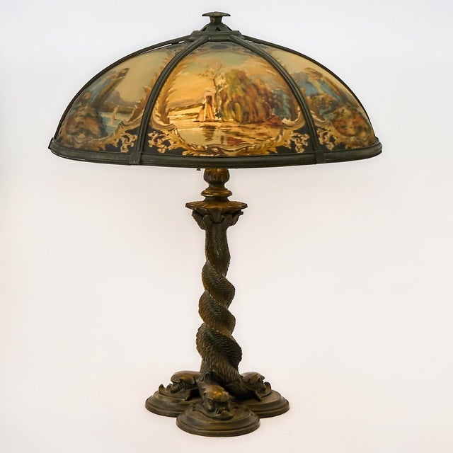Bradley & Hubbard Reverse-Painted Glass and Patinated Metal Scenic Table Lamp For Sale - Image 11 of 11