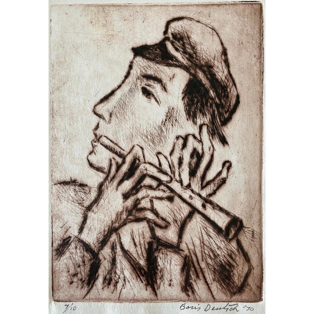 Boris Deutsch, Shtetl Village Doodka Player Judaica Jewish California Modernist Artist Etching, 1970 For Sale - Image 4 of 7