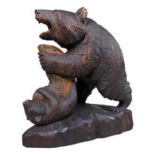 Large Wooden Ainu Bear with Cub and Salmon, 1950s For Sale