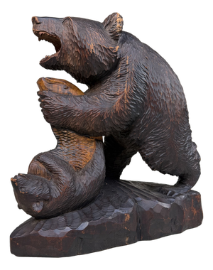 Large Wooden Ainu Bear with Cub and Salmon, 1950s