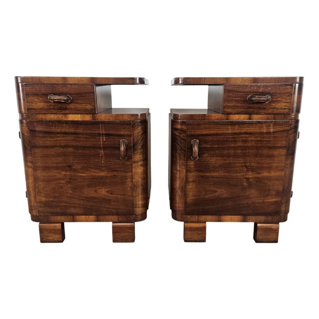 Art Deco Walnut Bedside Tables, 1940, Set of 2 For Sale