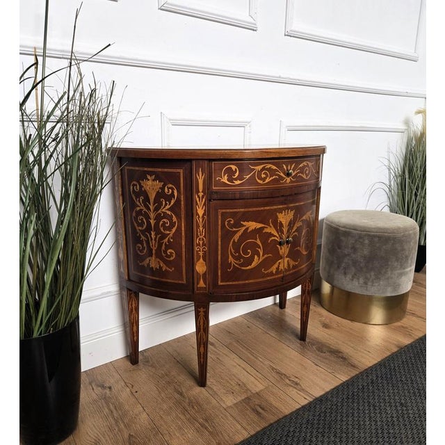 Neoclassical Demi-Lune Commode in Marquetry Inlay Burl Wood, 1960s For Sale - Image 6 of 9