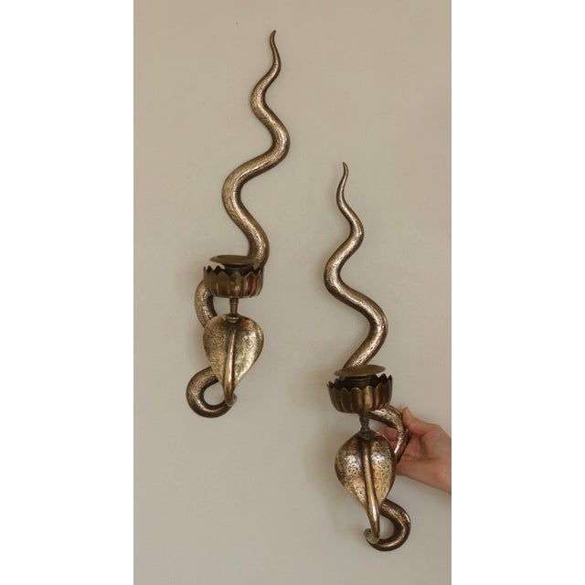 Egyptian Revival Style Engraved Brass Cobra Sconces, Set of 2 For Sale - Image 12 of 18
