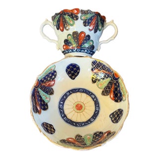Antique 18th Century Worcester Porcelain Imari Chocolate or Caudle Cup & Saucer in the Japan Fan Pattern Circa 1765 - 1775 For Sale