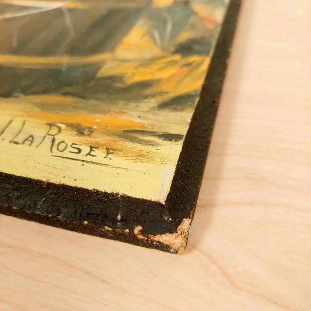 Vintage Mid Century Original Sunflowers in Wooden Bucket Painting on Board Signed by Artist For Sale In Seattle - Image 6 of 7