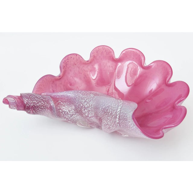 This gorgeous LARGE Murano signed vintage glass clam shell bowl is a beautiful color of hot pink with silver foil...